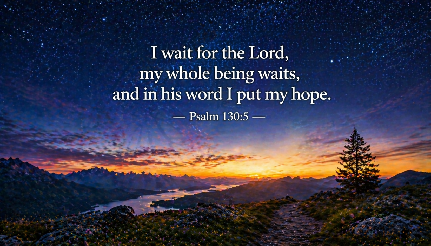 Wide open mountain landscape just before sunrise first hint of deep blue indigo turning gold stars still visible -- Psalm 130:5 wait for lord wallpaper